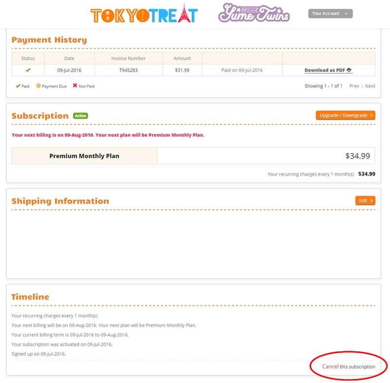 tokyotreat cancelar suscripcion boton